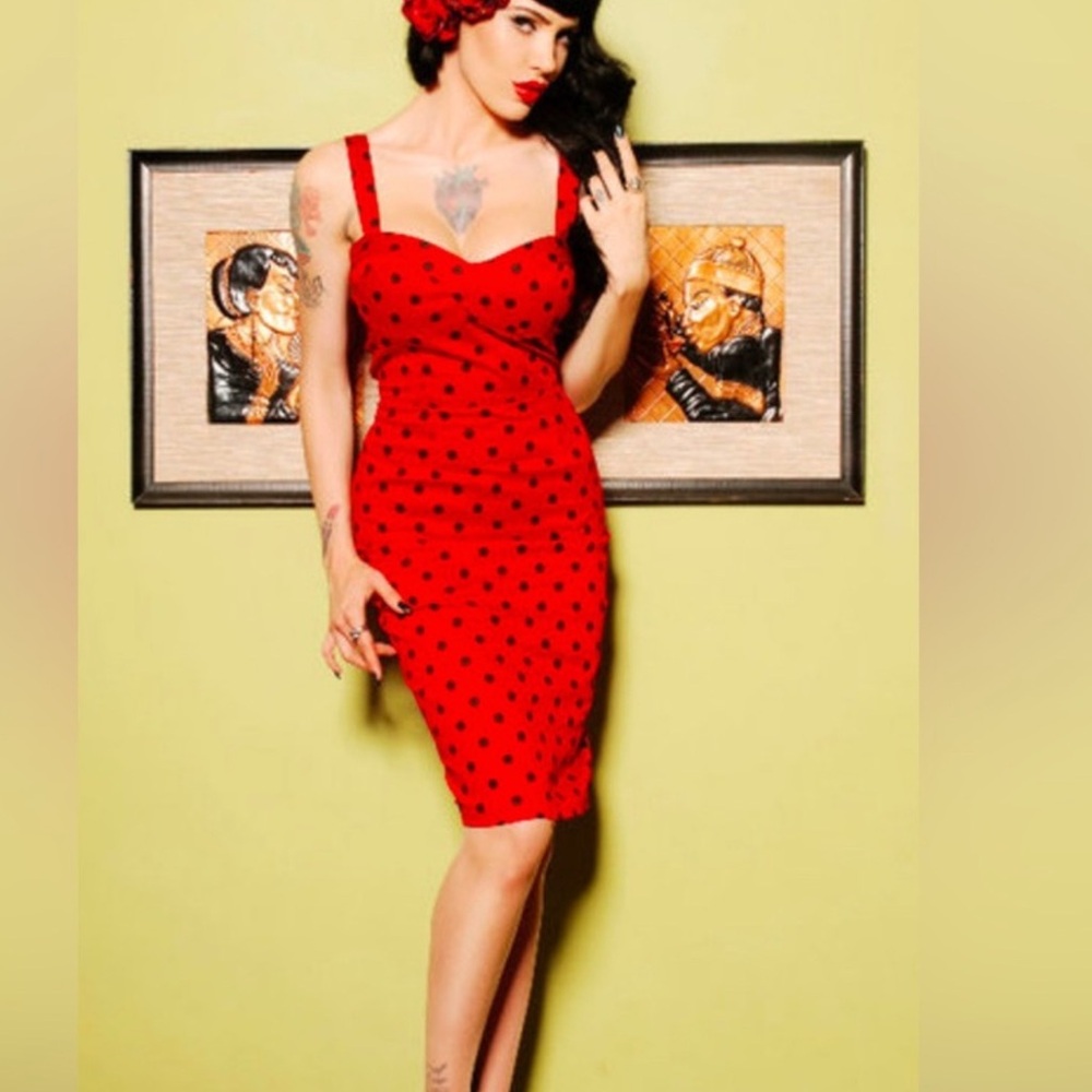 Pinup couture Deadly dames vamp dress red with black polka dots